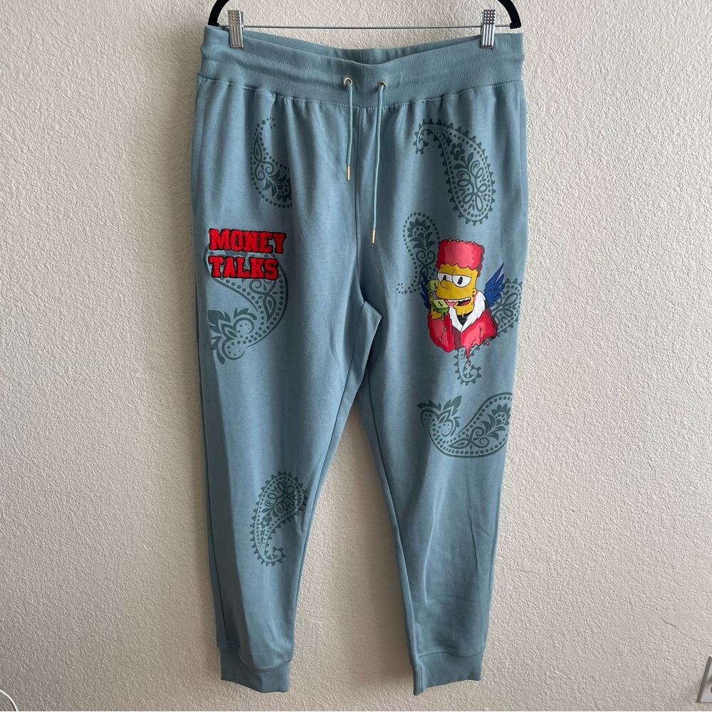 NWT Genuine Authentic Money Talks The Simpsons Bart Sweatpants Dust Blue